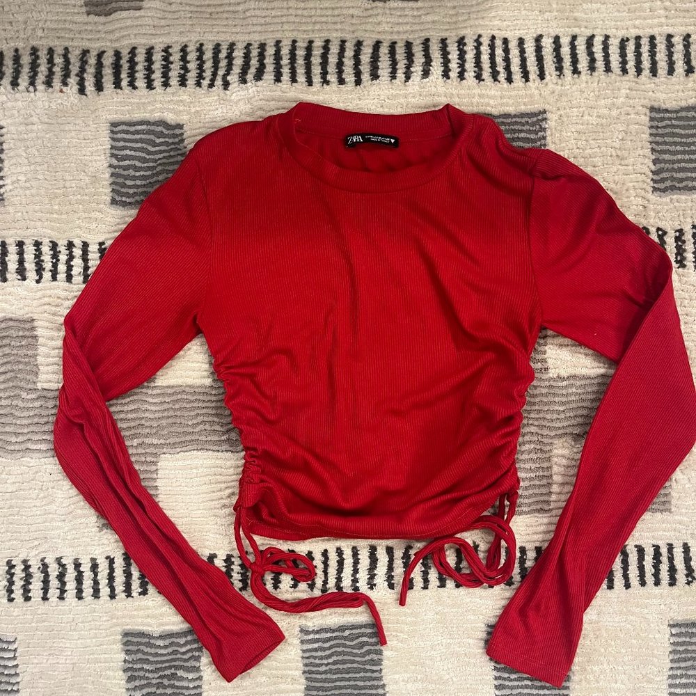 Zara Ribbed Side Tie Ruched Long Sleeve - Red